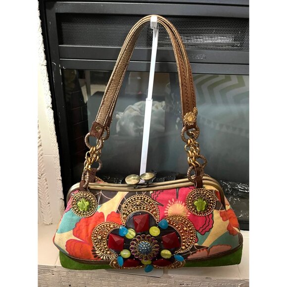 Vtg Mary Frances Handcrafted Embellished Satchel Purse With Faux Gemstones & Flo - Picture 3 of 16